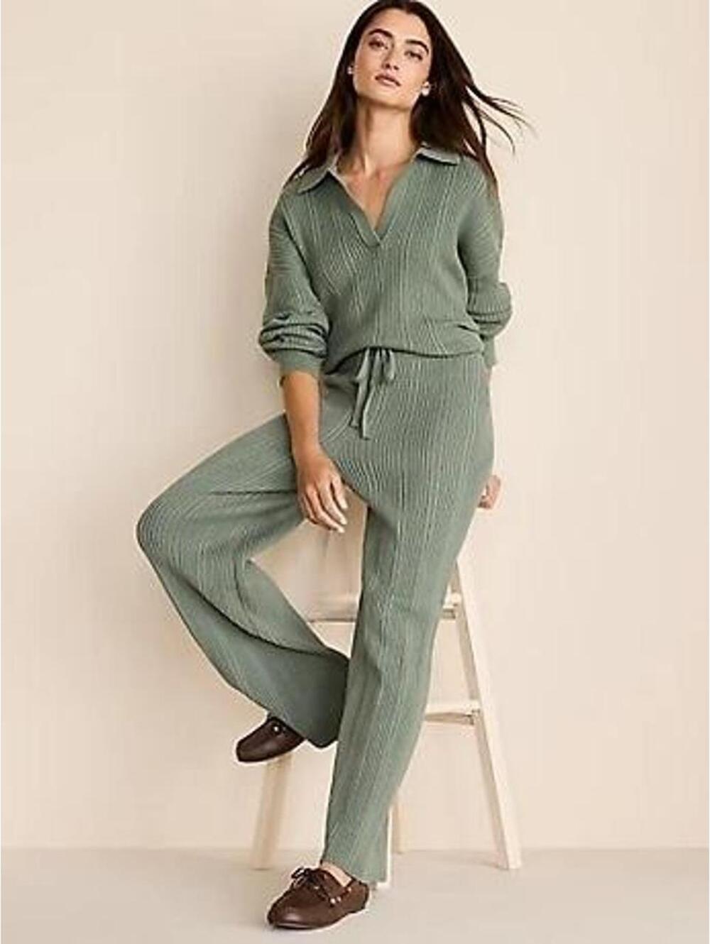 Lou & Grey Sage Green Ribbed Collared Sweater Wide Leg Pants Matching Set